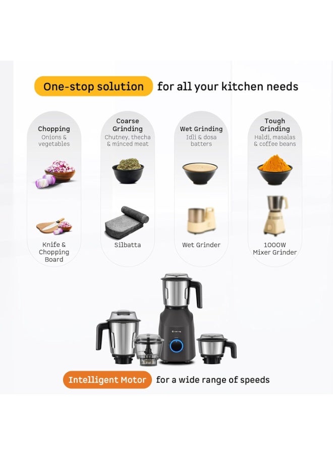 Atomberg Yulia 750 Watt Mixer Grinder | 4 Multipurpose Jars including Chopper Jar | Coarse Mode for Silbatta-like Textures | Powerful Intelligent Motor | Advanced Safety Features | Pebble Grey - Image 2